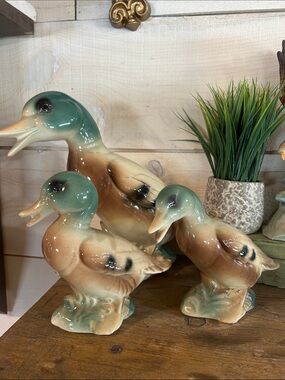 Glazed Ceramic Duck Figurine Set in Green and Brown